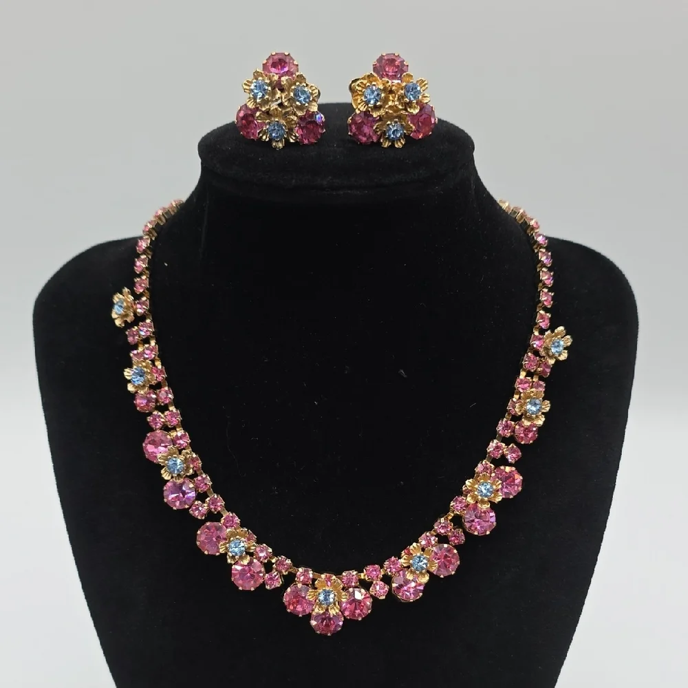 Elegant Pink and Blue Floral Necklace and Earring Set